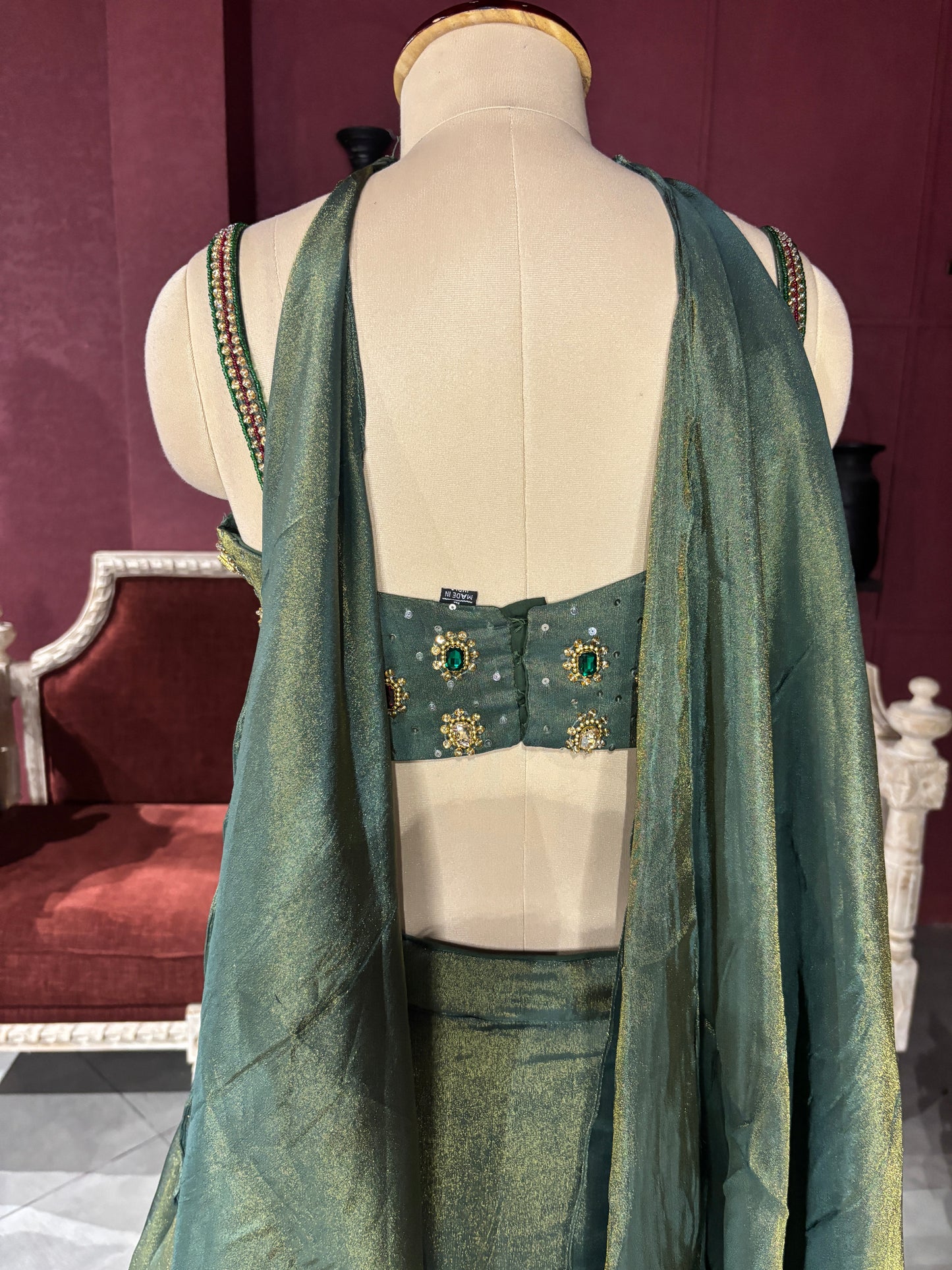 Emerald Green Lehenga with Gemstone Embellished Blouse
