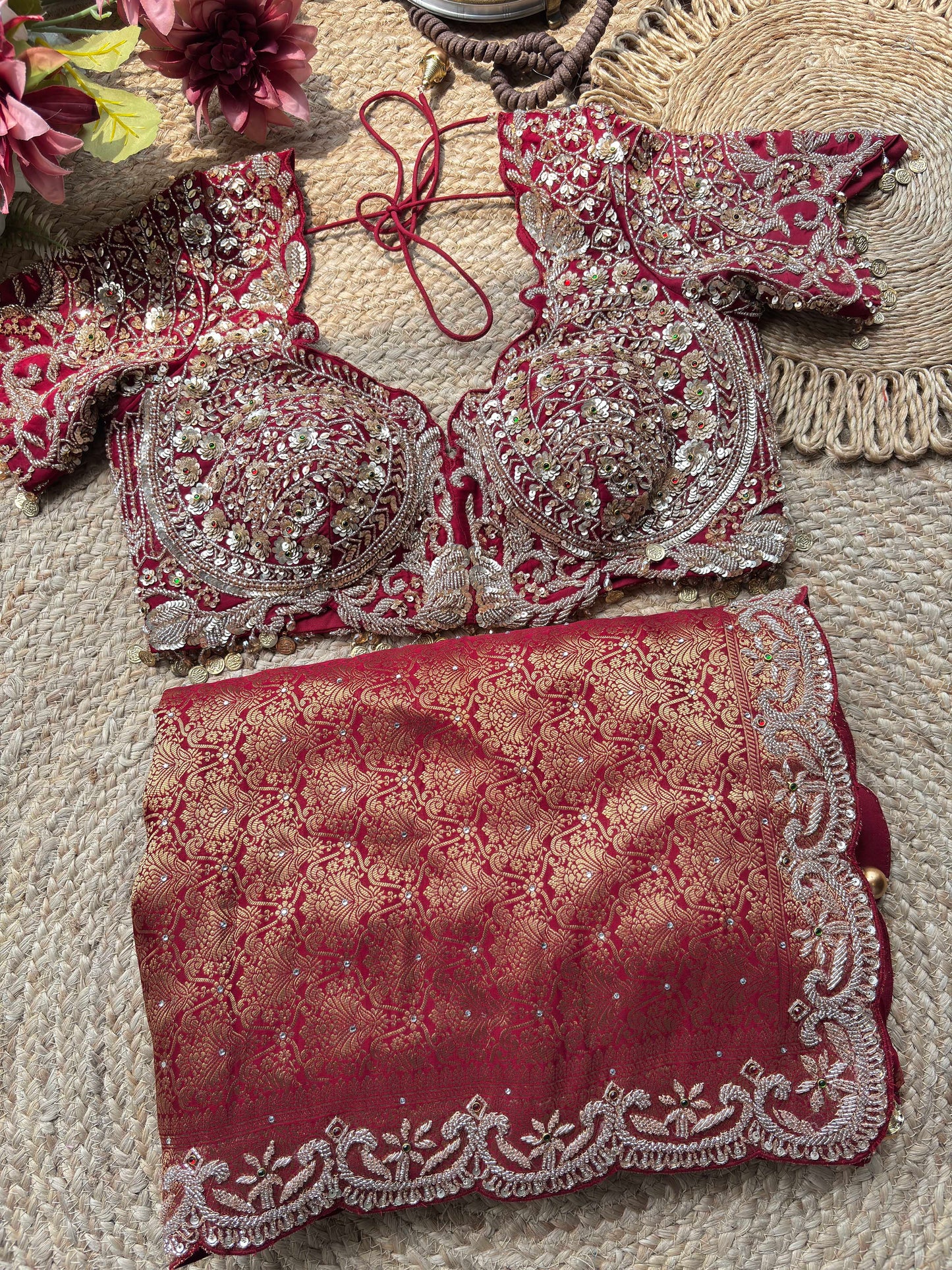 Deep Maroon Zardozi Embroidered Blouse with Designer Saree