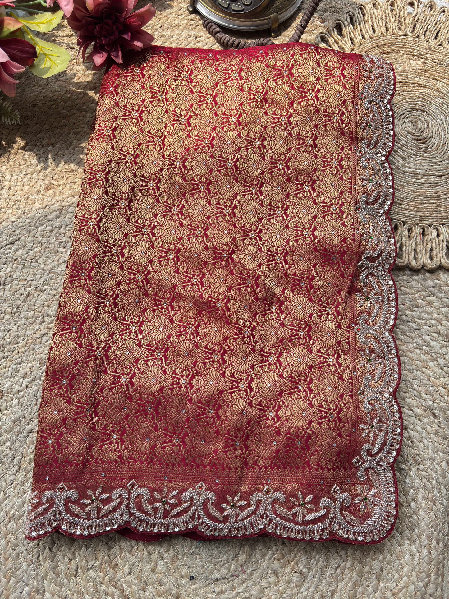 Deep Maroon Zardozi Embroidered Blouse with Designer Saree