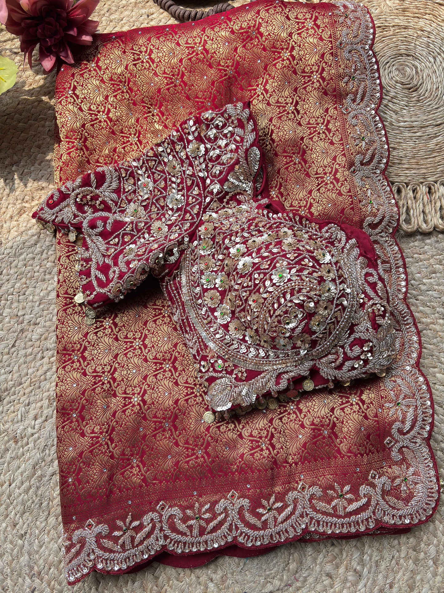 Deep Maroon Zardozi Embroidered Blouse with Designer Saree