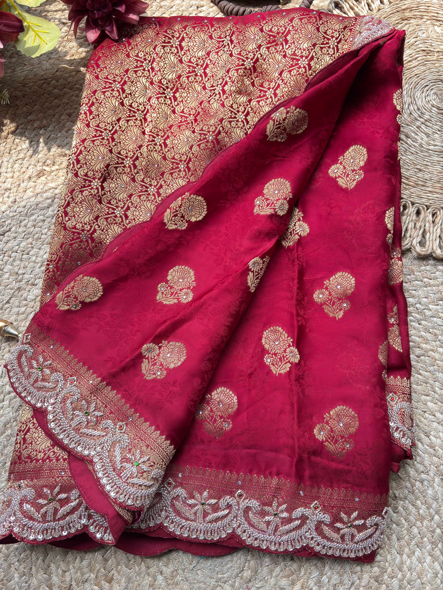 Deep Maroon Zardozi Embroidered Blouse with Designer Saree