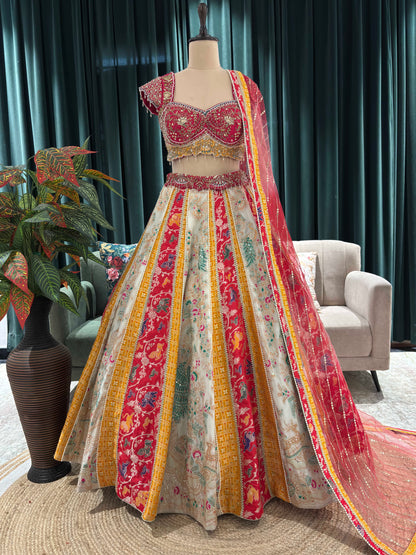 Grand Multihued Panelled Lehenga with Beadwork & Heritage Motifs