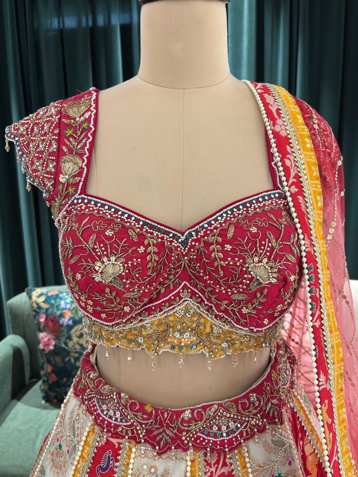 Grand Multihued Panelled Lehenga with Beadwork & Heritage Motifs