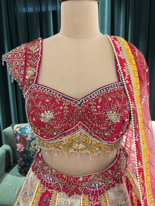 Grand Multihued Panelled Lehenga with Beadwork & Heritage Motifs