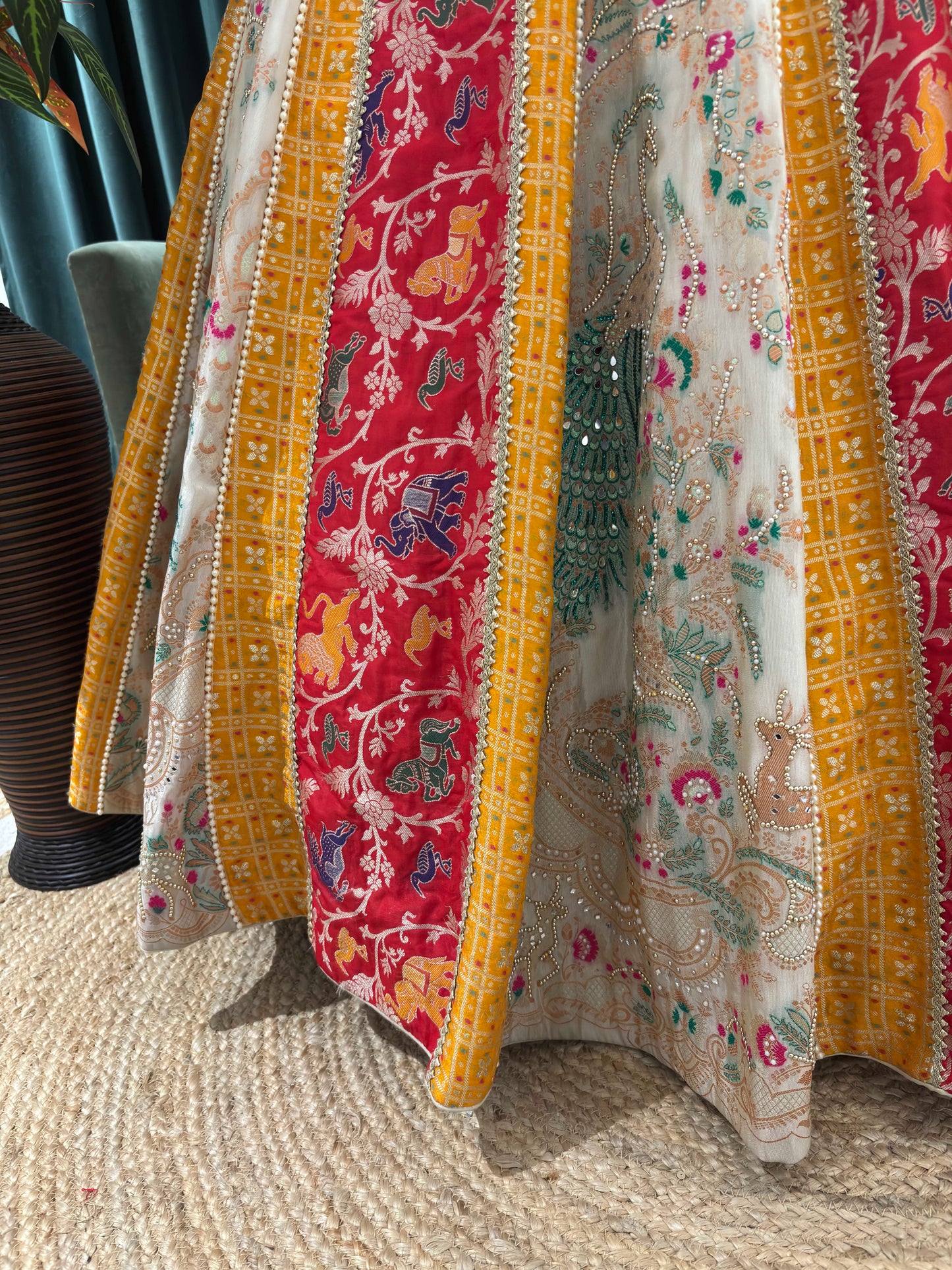 Grand Multihued Panelled Lehenga with Beadwork & Heritage Motifs