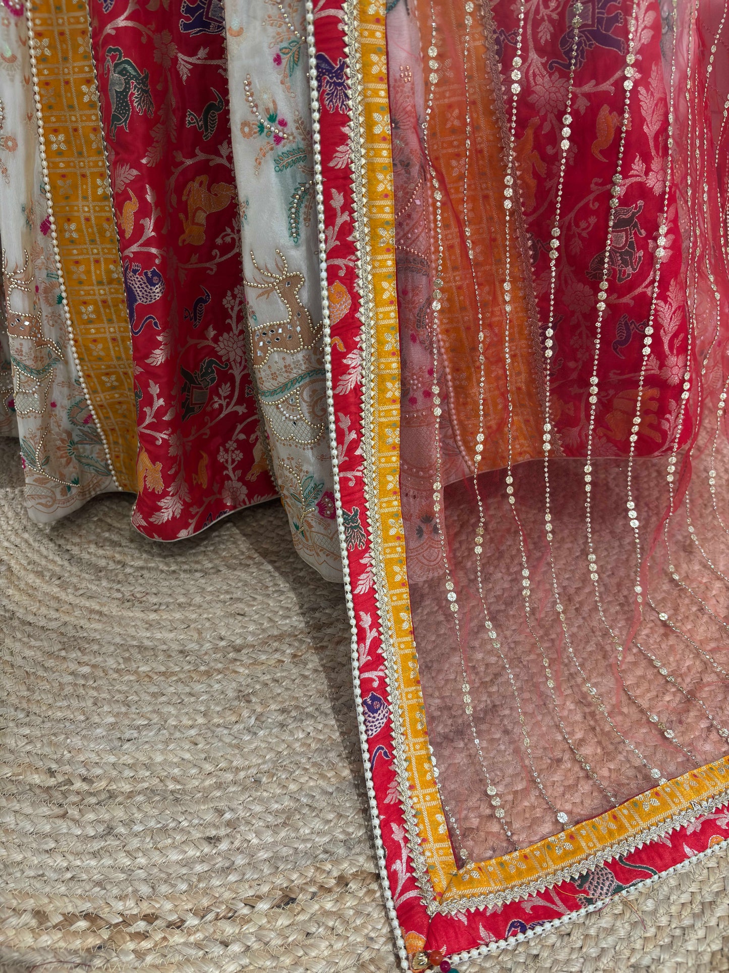 Grand Multihued Panelled Lehenga with Beadwork & Heritage Motifs