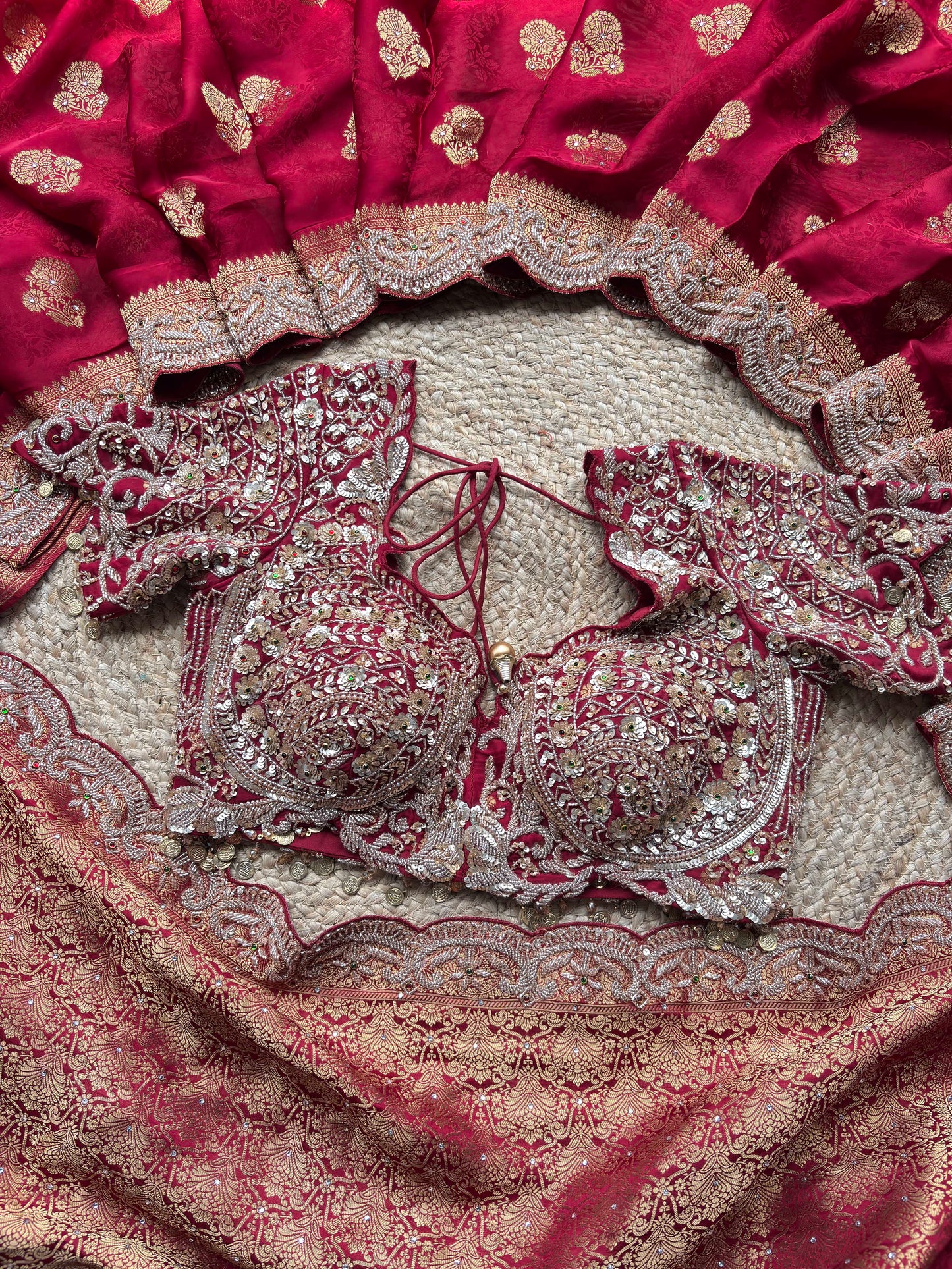 Deep Maroon Zardozi Embroidered Blouse with Designer Saree