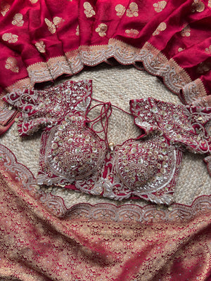 Deep Maroon Zardozi Embroidered Blouse with Designer Saree