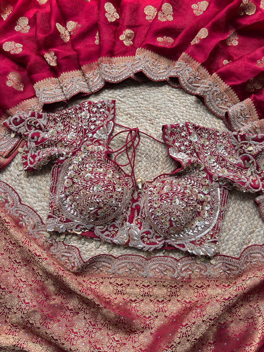 Deep Maroon Zardozi Embroidered Blouse with Designer Saree