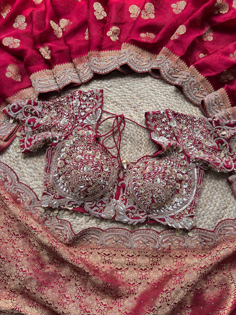 Deep Maroon Zardozi Embroidered Blouse with Designer Saree