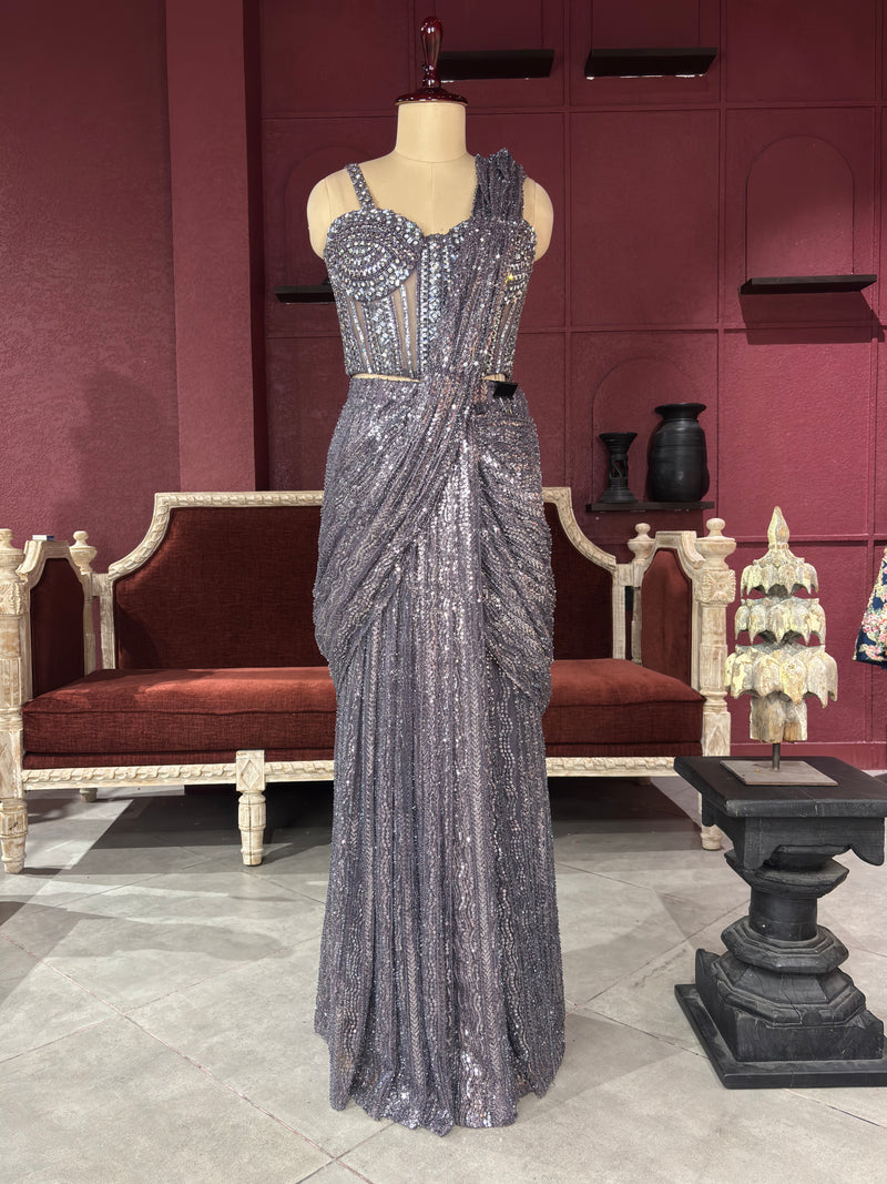 Powder Blue Grand Drape Sarees With Designer Blouse