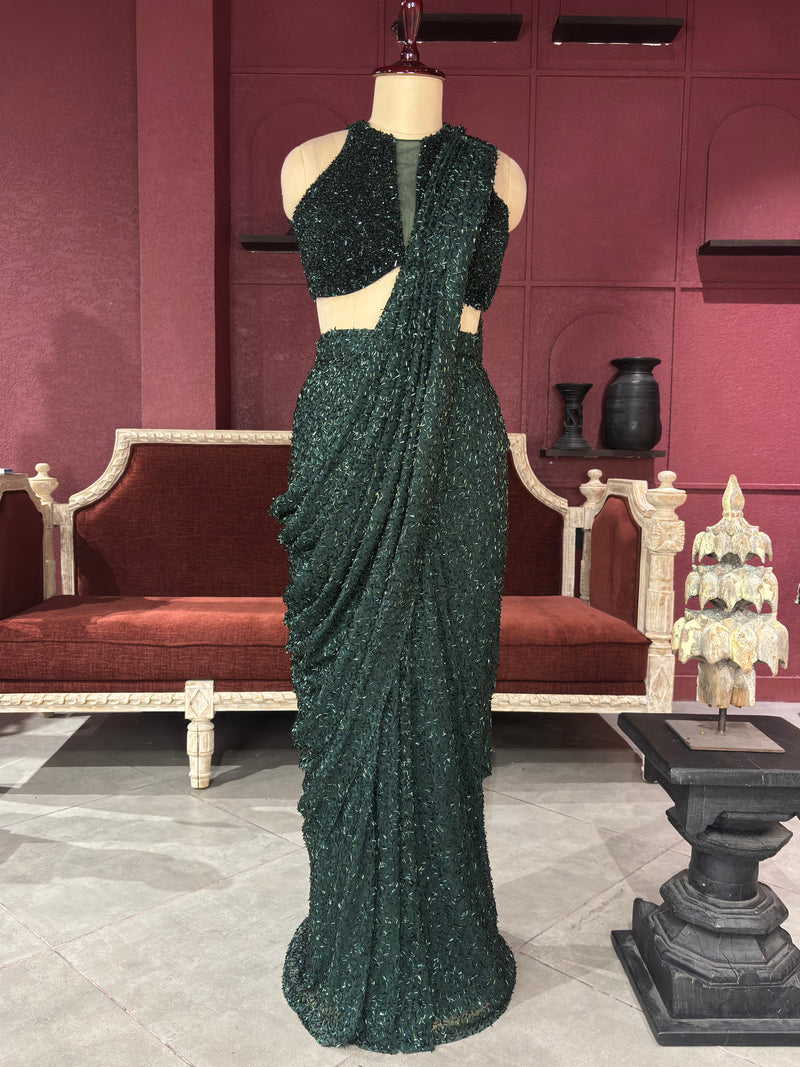 Designer Emerald Green Drape Saree With Designer Blouse