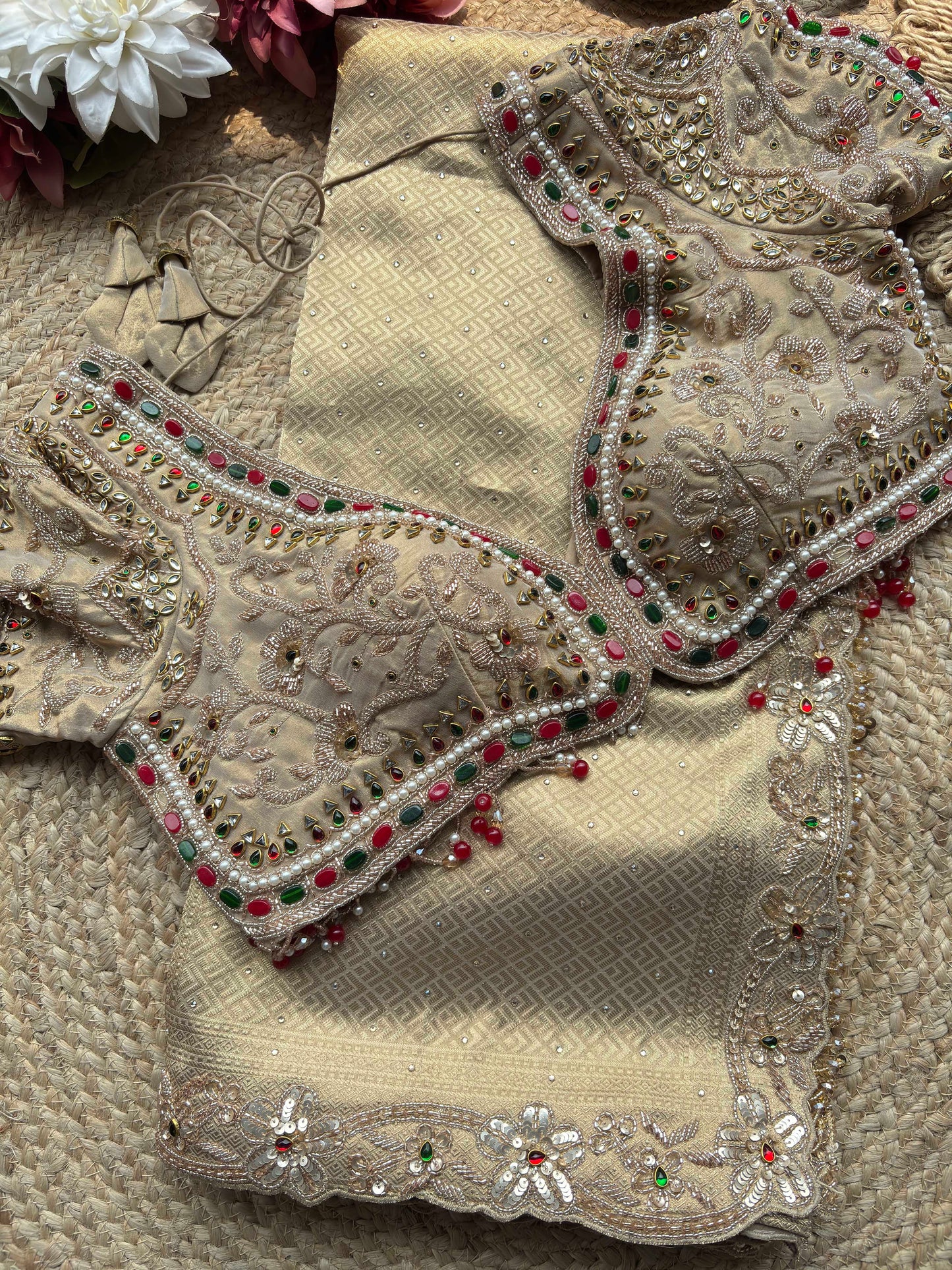 Ivory Gold Kundan Embellished Blouse with Designer Silk Saree