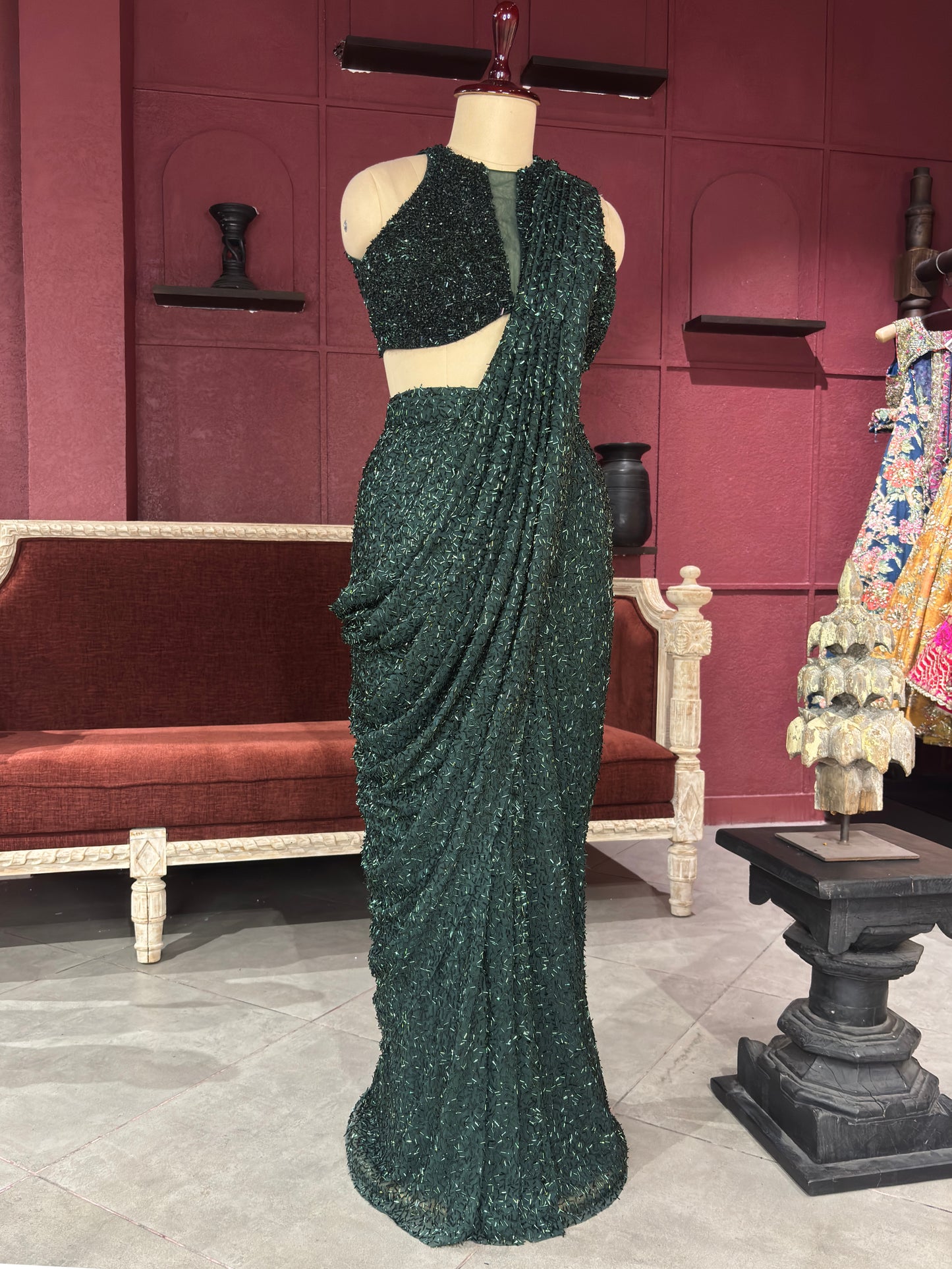 Designer Emerald Green Drape Saree With Designer Blouse