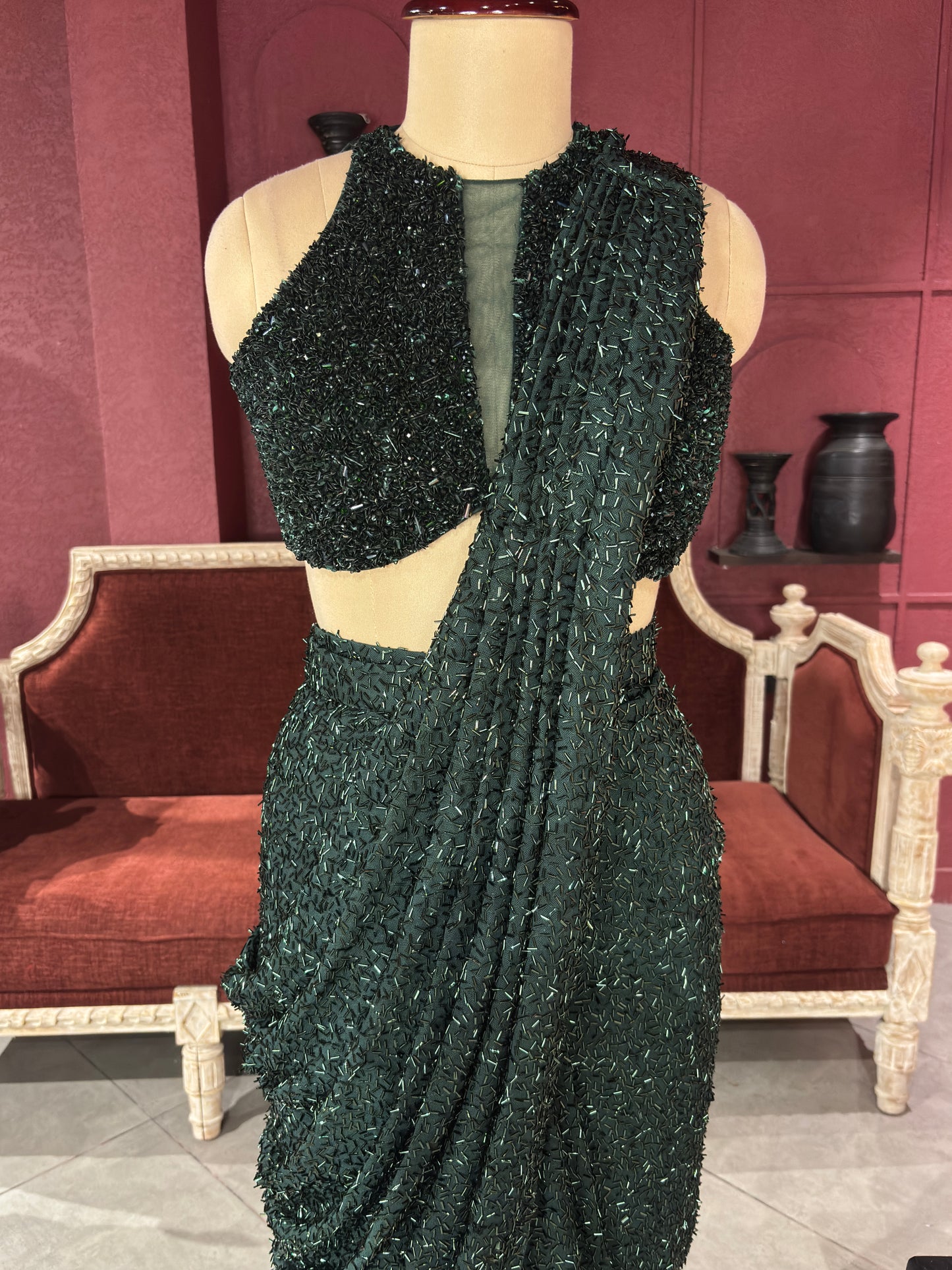 Designer Emerald Green Drape Saree With Designer Blouse