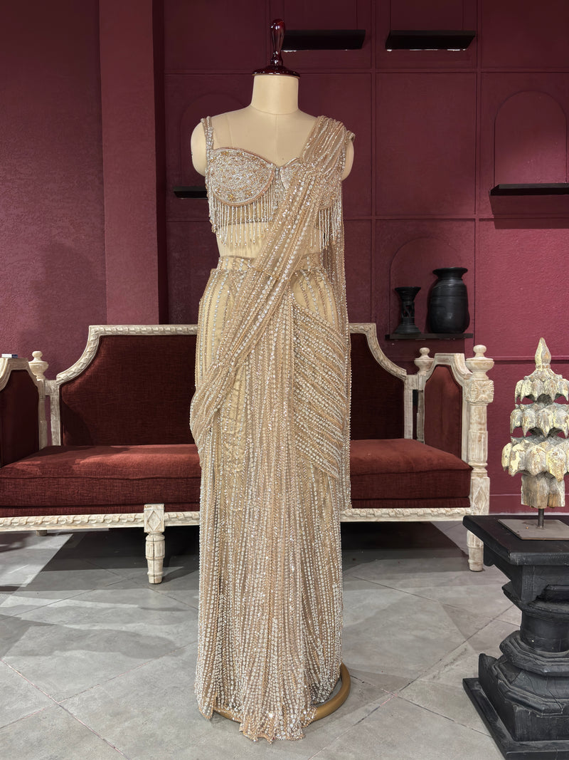 Designer Shimmering Drape Saree with Beaded Elegance