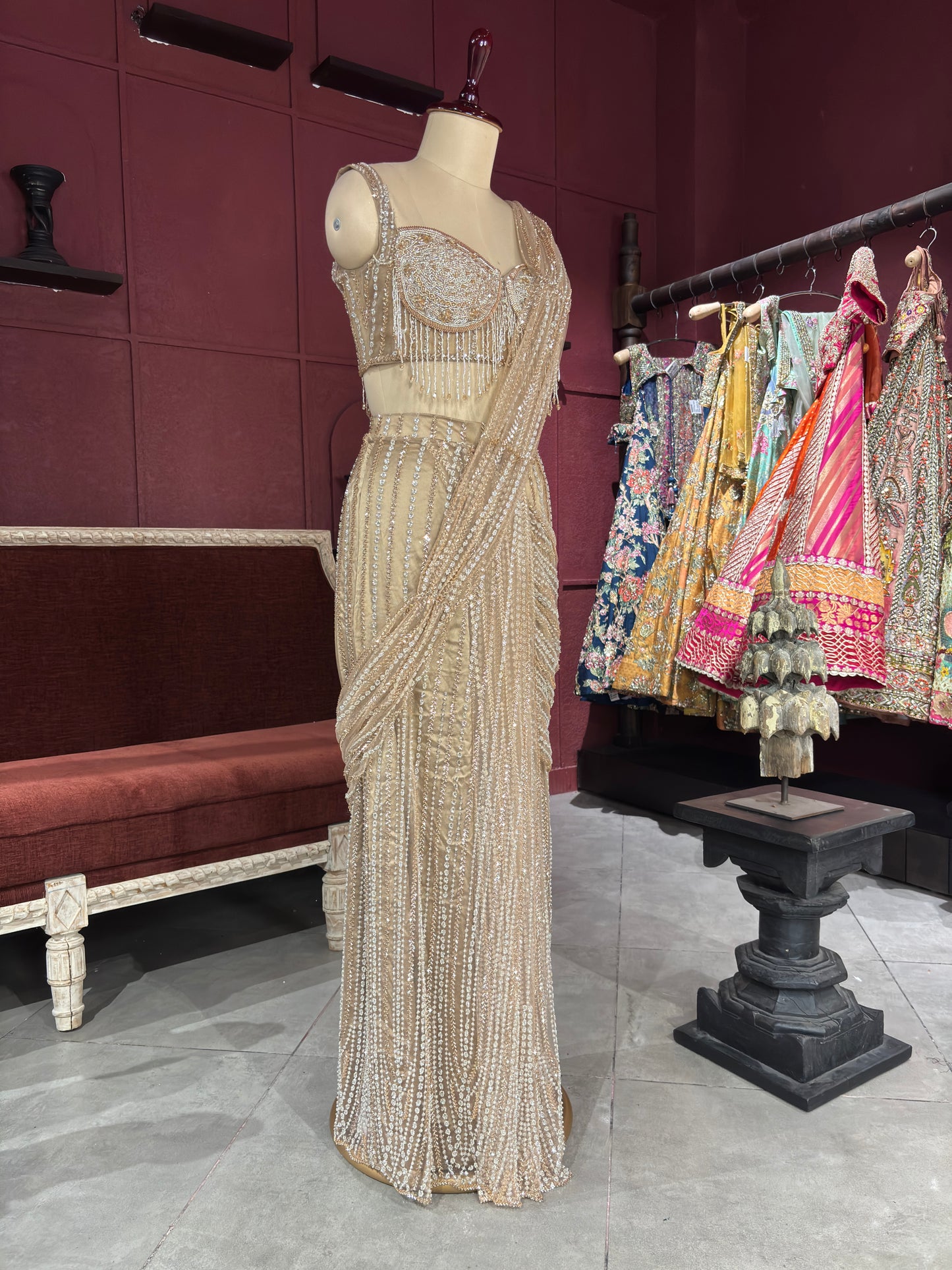 Designer Shimmering Drape Saree with Beaded Elegance