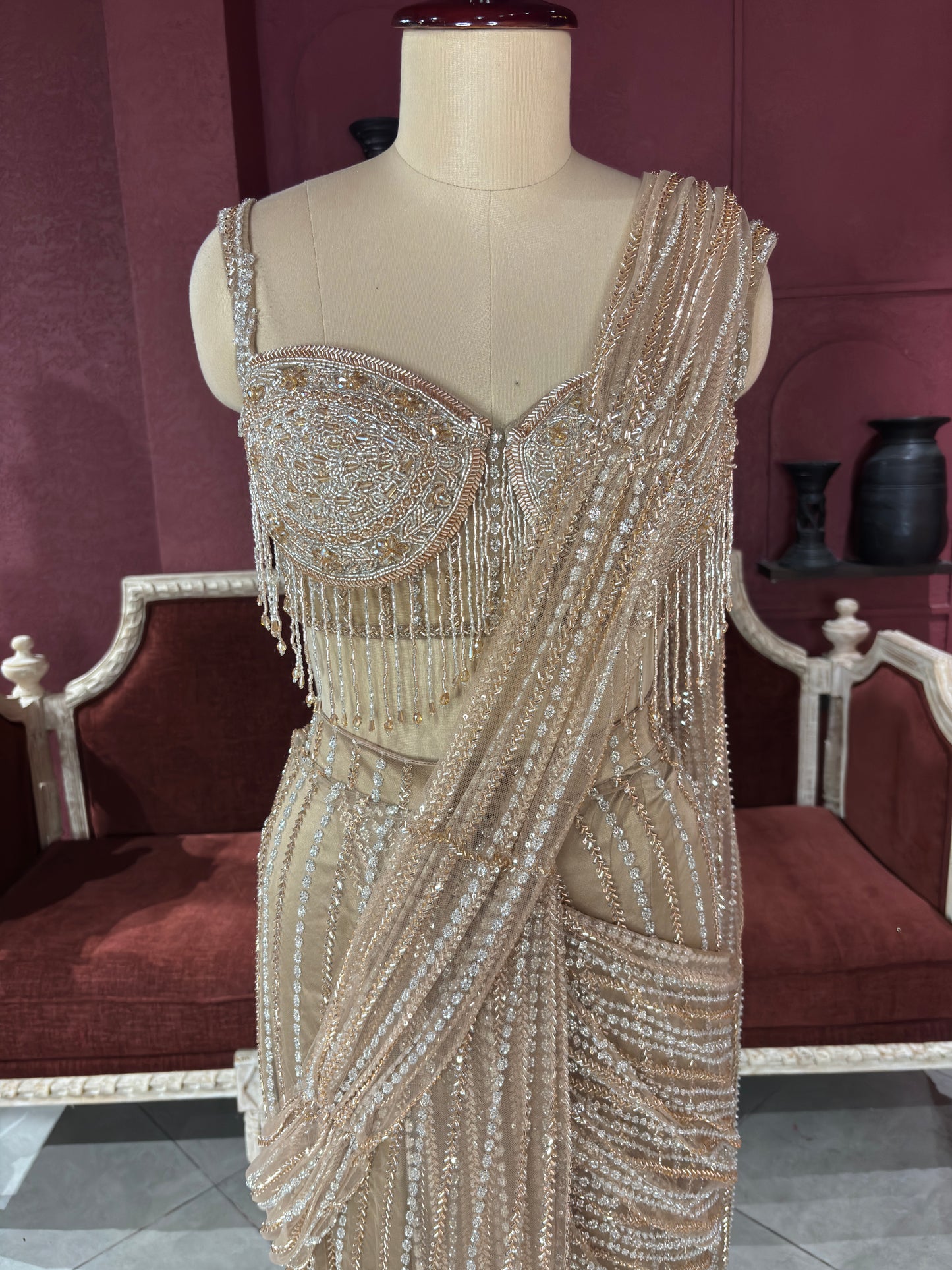 Designer Shimmering Drape Saree with Beaded Elegance