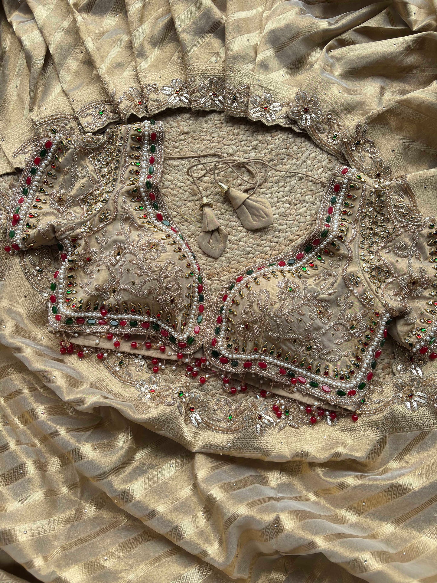 Ivory Gold Kundan Embellished Blouse with Designer Silk Saree