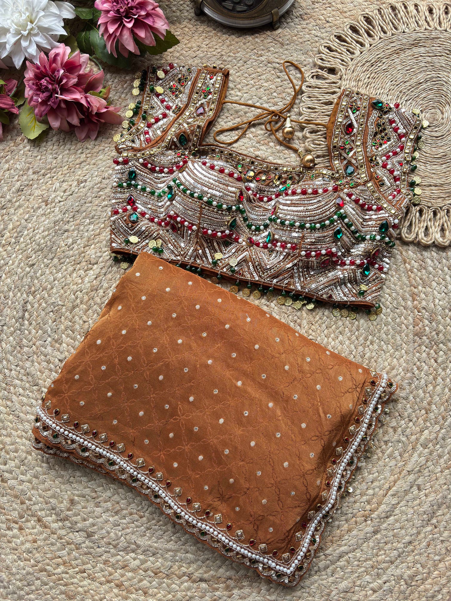 Rust Brown Kundan & Pearl Embellished Saree with Designer Blouse