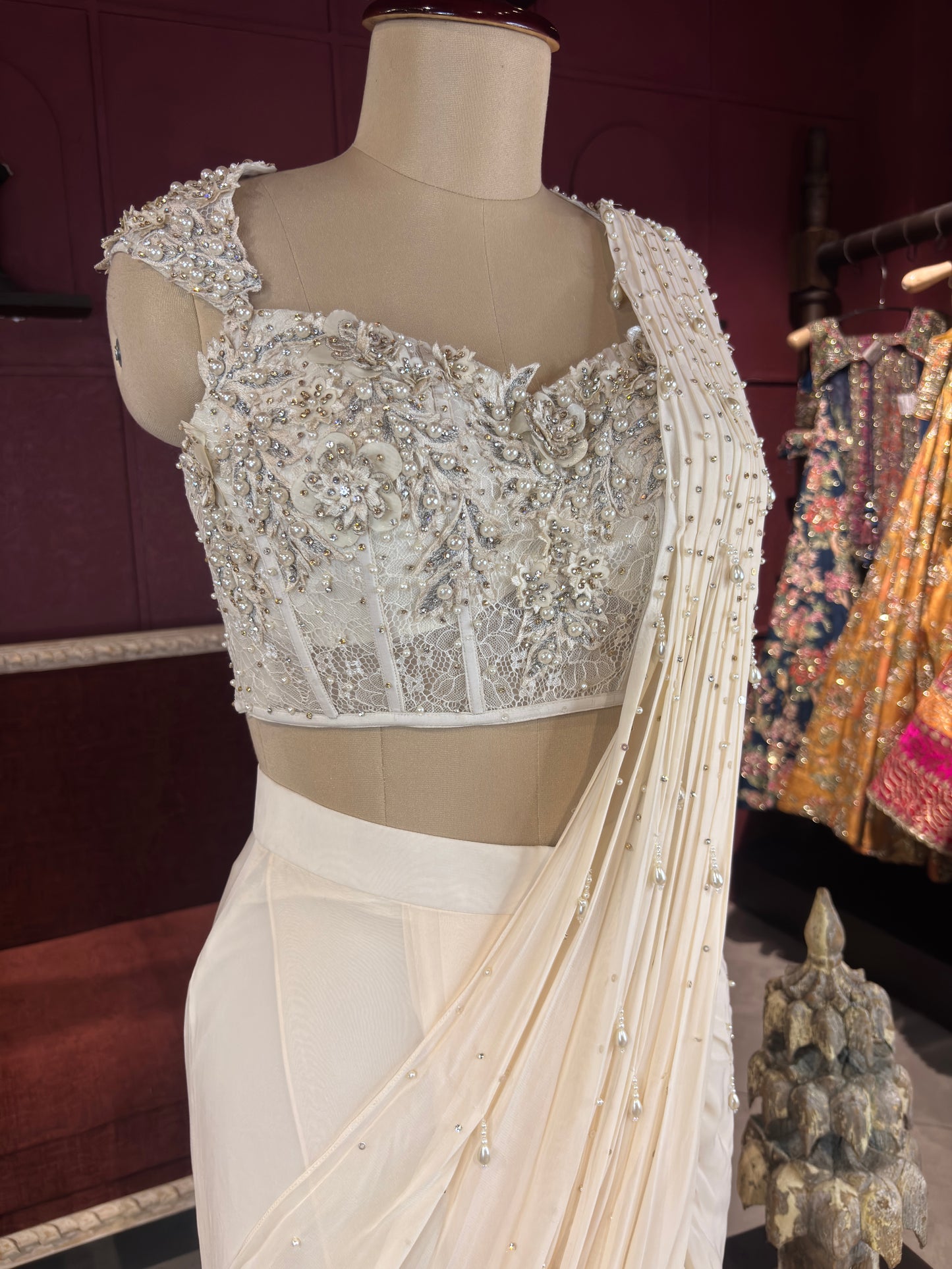 Grand Designer Drape Saree with Pearl Embellished Blouse