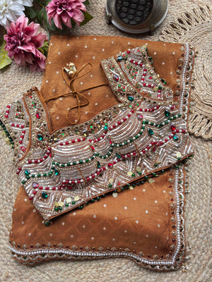 Rust Brown Kundan & Pearl Embellished Saree with Designer Blouse