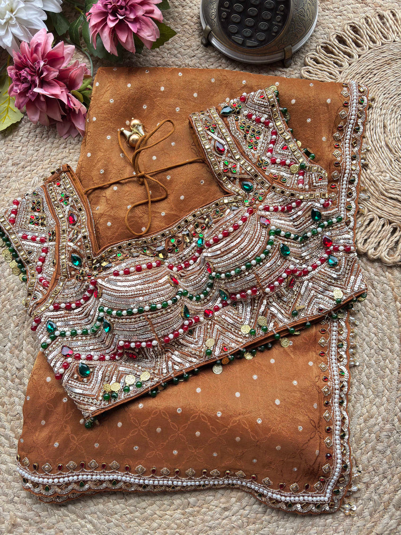 Rust Brown Kundan & Pearl Embellished Saree with Designer Blouse