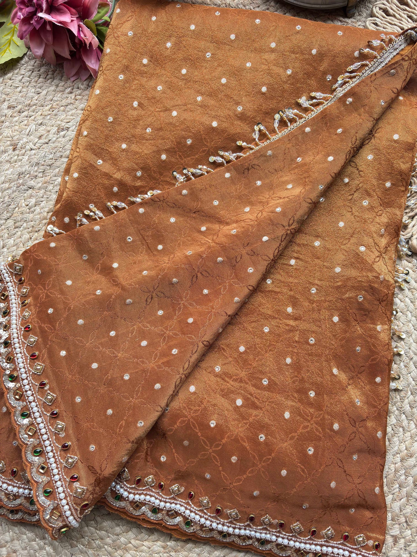 Rust Brown Kundan & Pearl Embellished Saree with Designer Blouse
