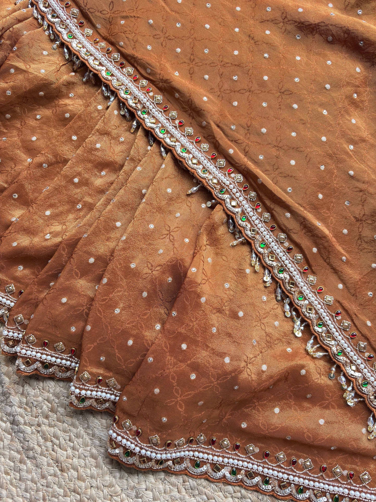Rust Brown Kundan & Pearl Embellished Saree with Designer Blouse