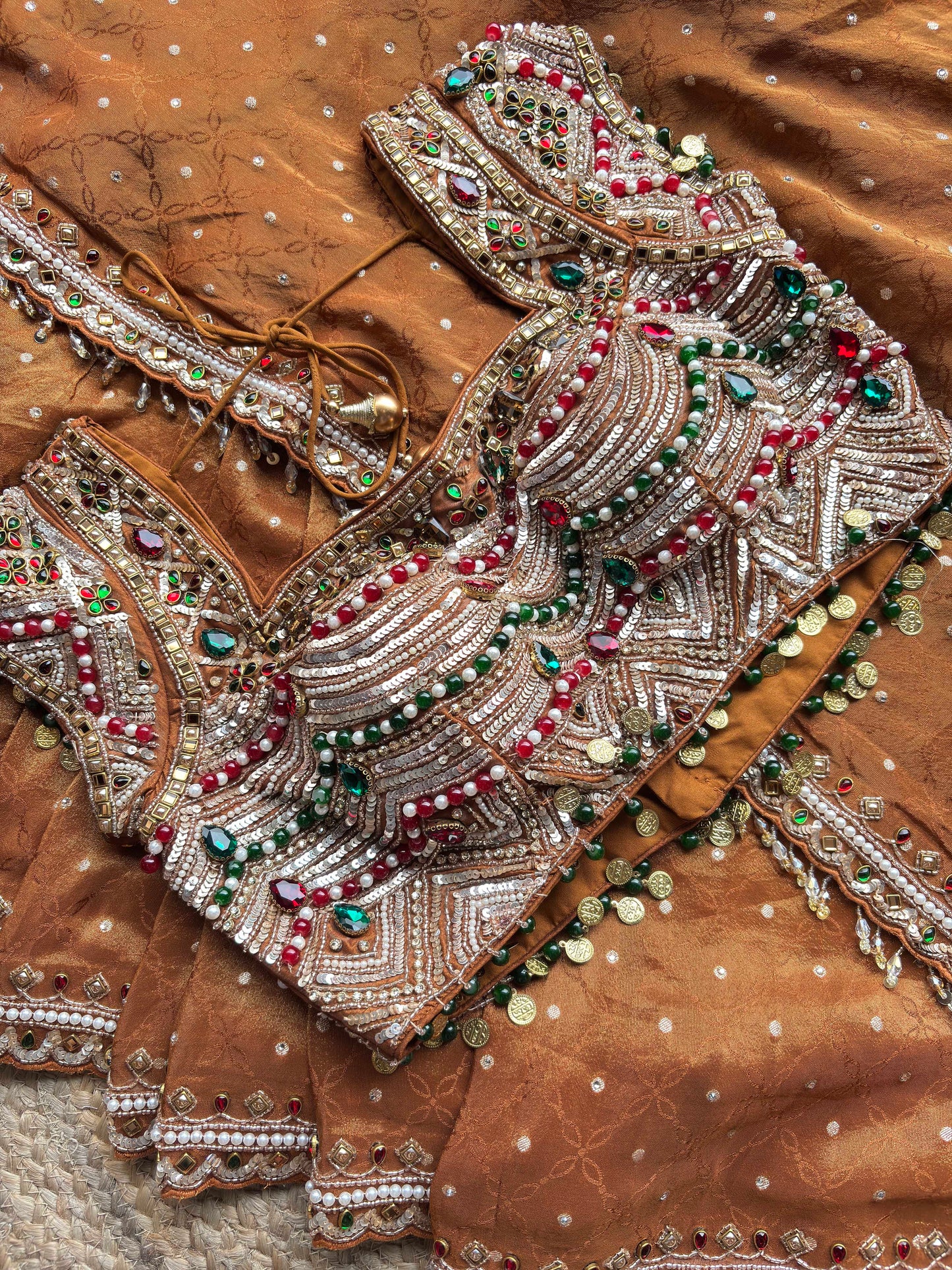 Rust Brown Kundan & Pearl Embellished Saree with Designer Blouse
