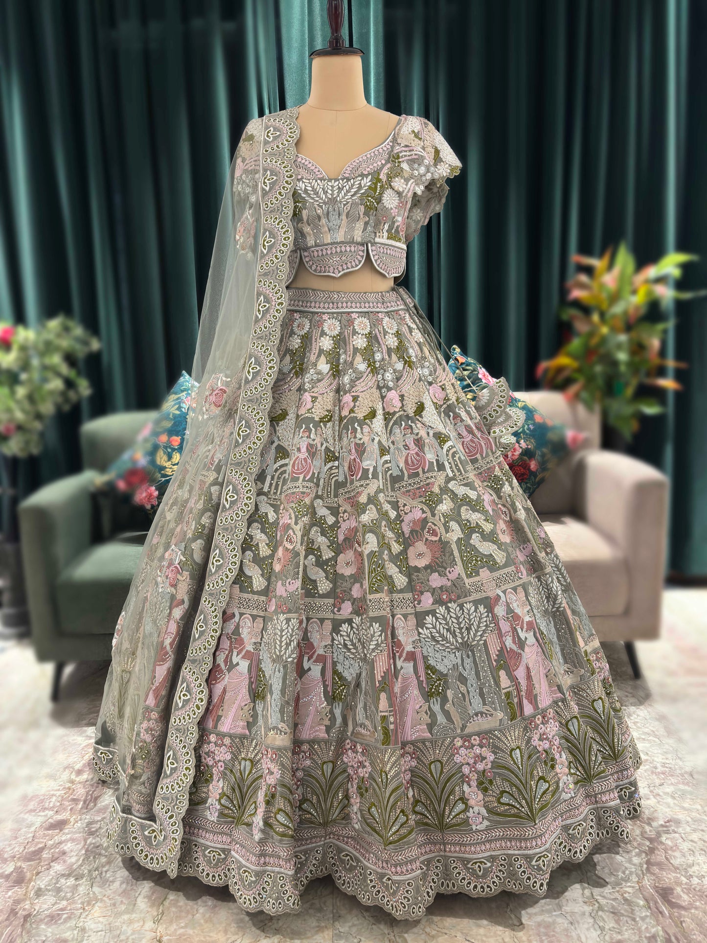 Exquisitely Embroidered Lehenga with Nature-Inspired Motifs