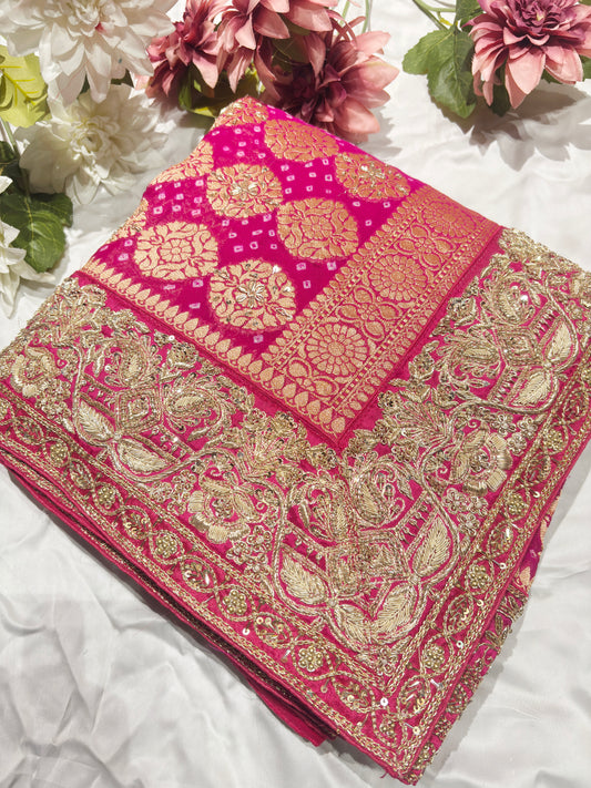 Grand Radiant Rani Saree with Golden Floral Motifs