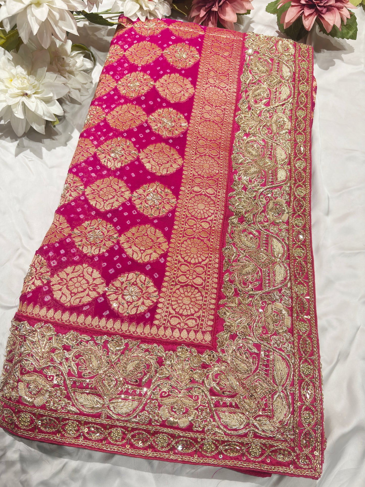 Grand Radiant Rani Saree with Golden Floral Motifs