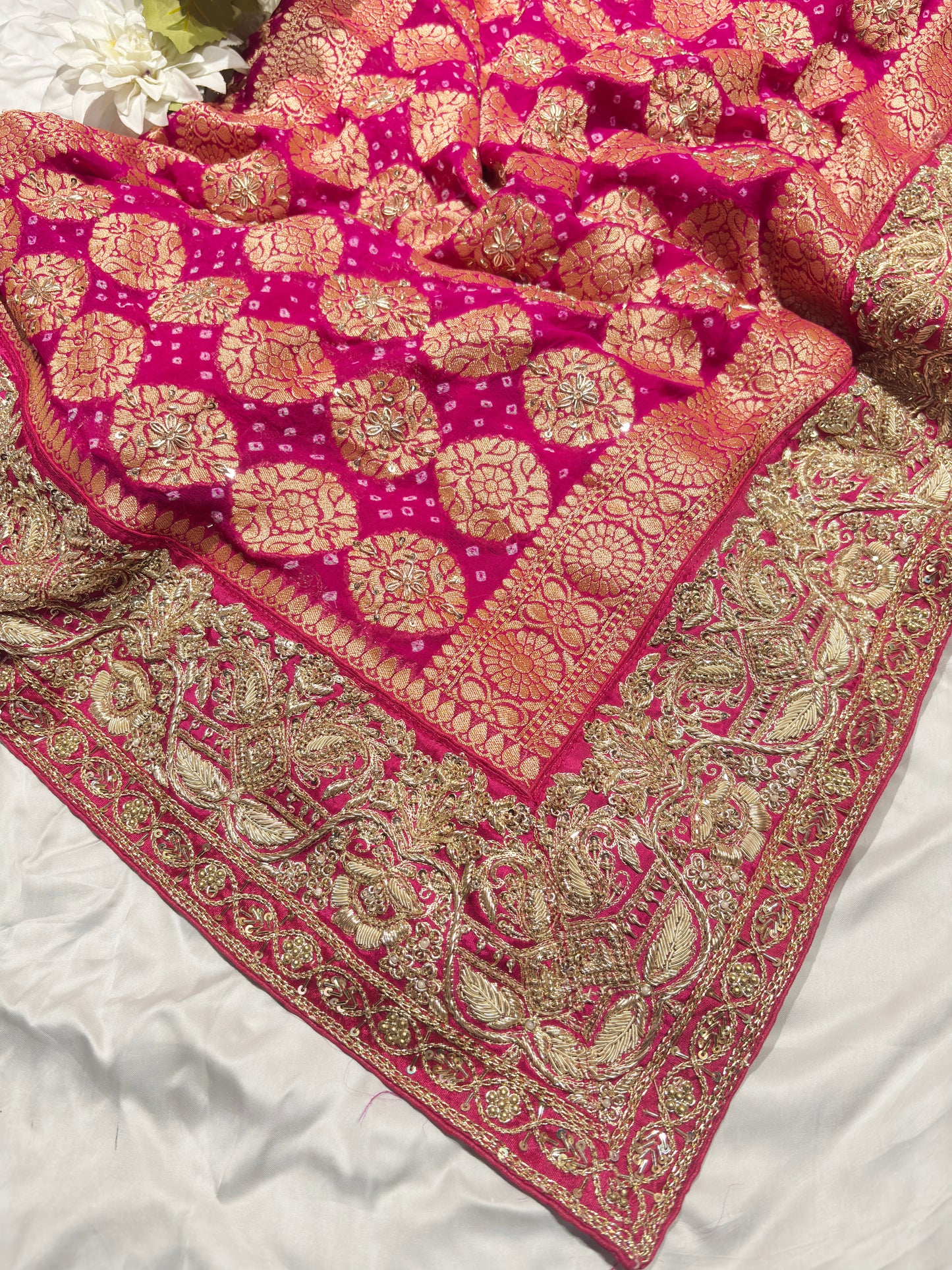 Grand Radiant Rani Saree with Golden Floral Motifs