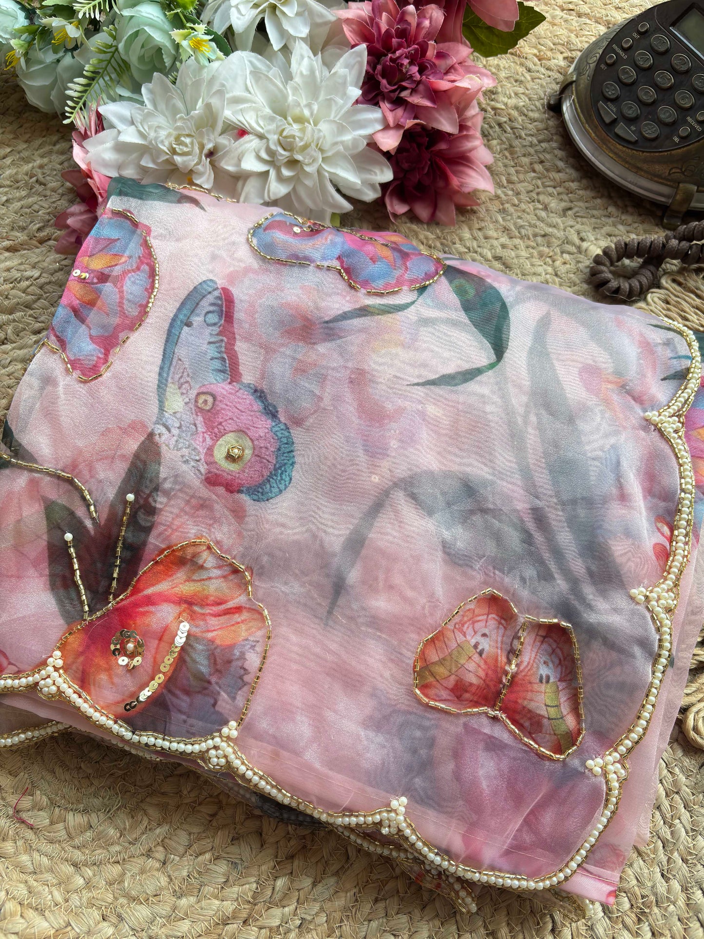 Blush Pink Floral Printed Organza Saree with Pearl Scallop Border