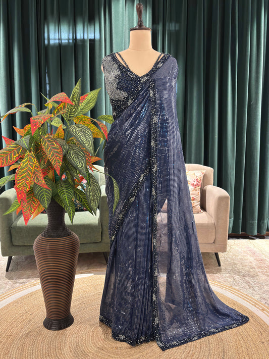 Navy Blue Sequin Saree with Shimmer Border and Blouse