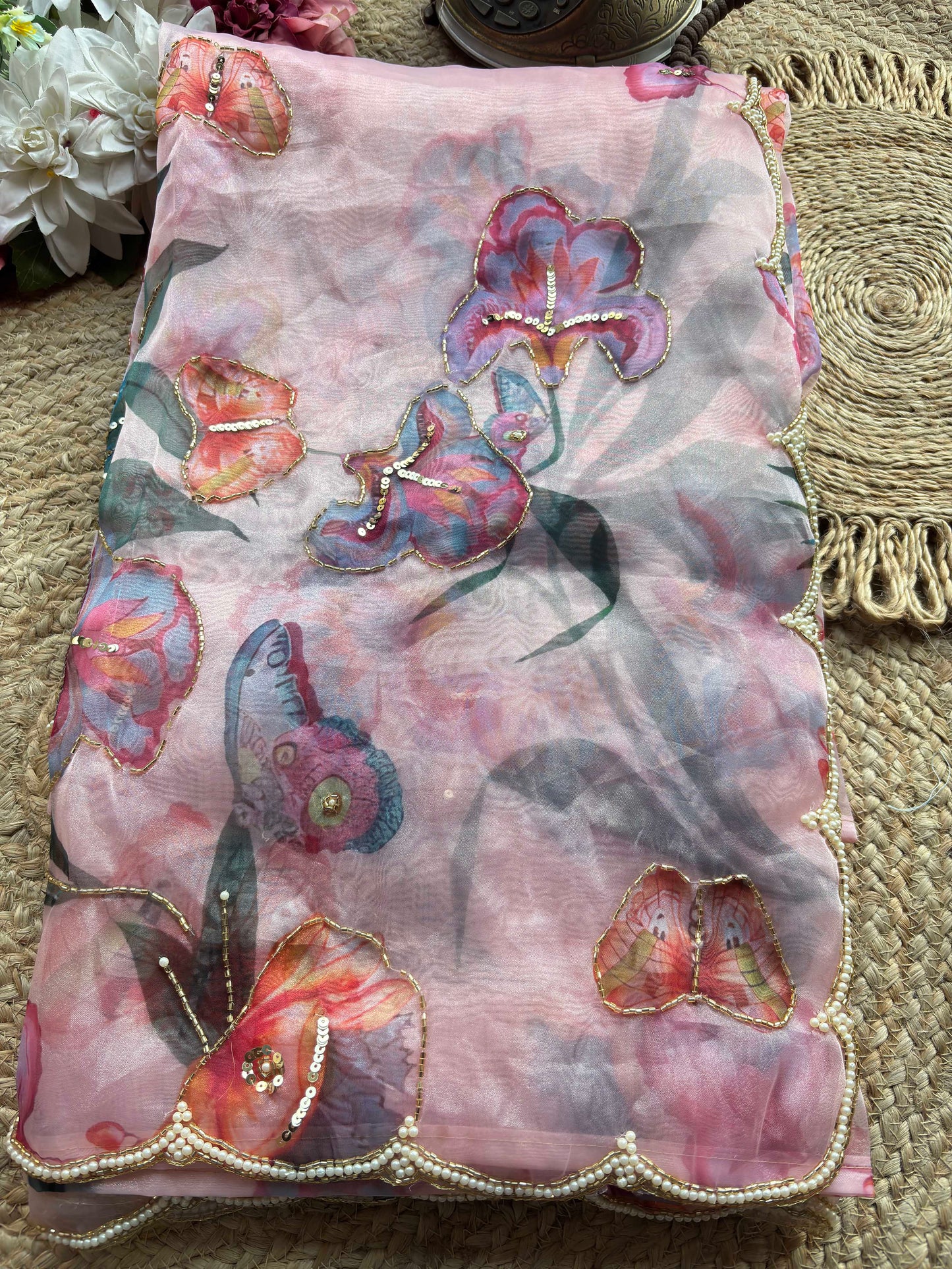 Blush Pink Floral Printed Organza Saree with Pearl Scallop Border