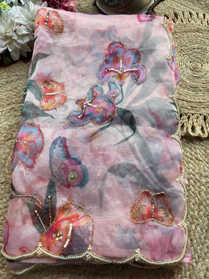 Blush Pink Floral Printed Organza Saree with Pearl Scallop Border