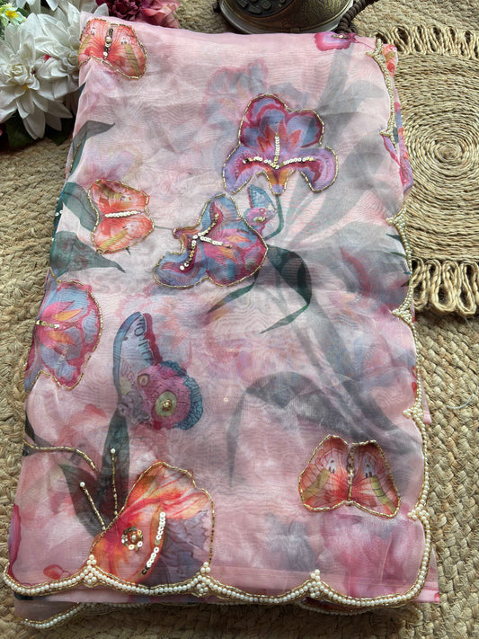 Blush Pink Floral Printed Organza Saree with Pearl Scallop Border