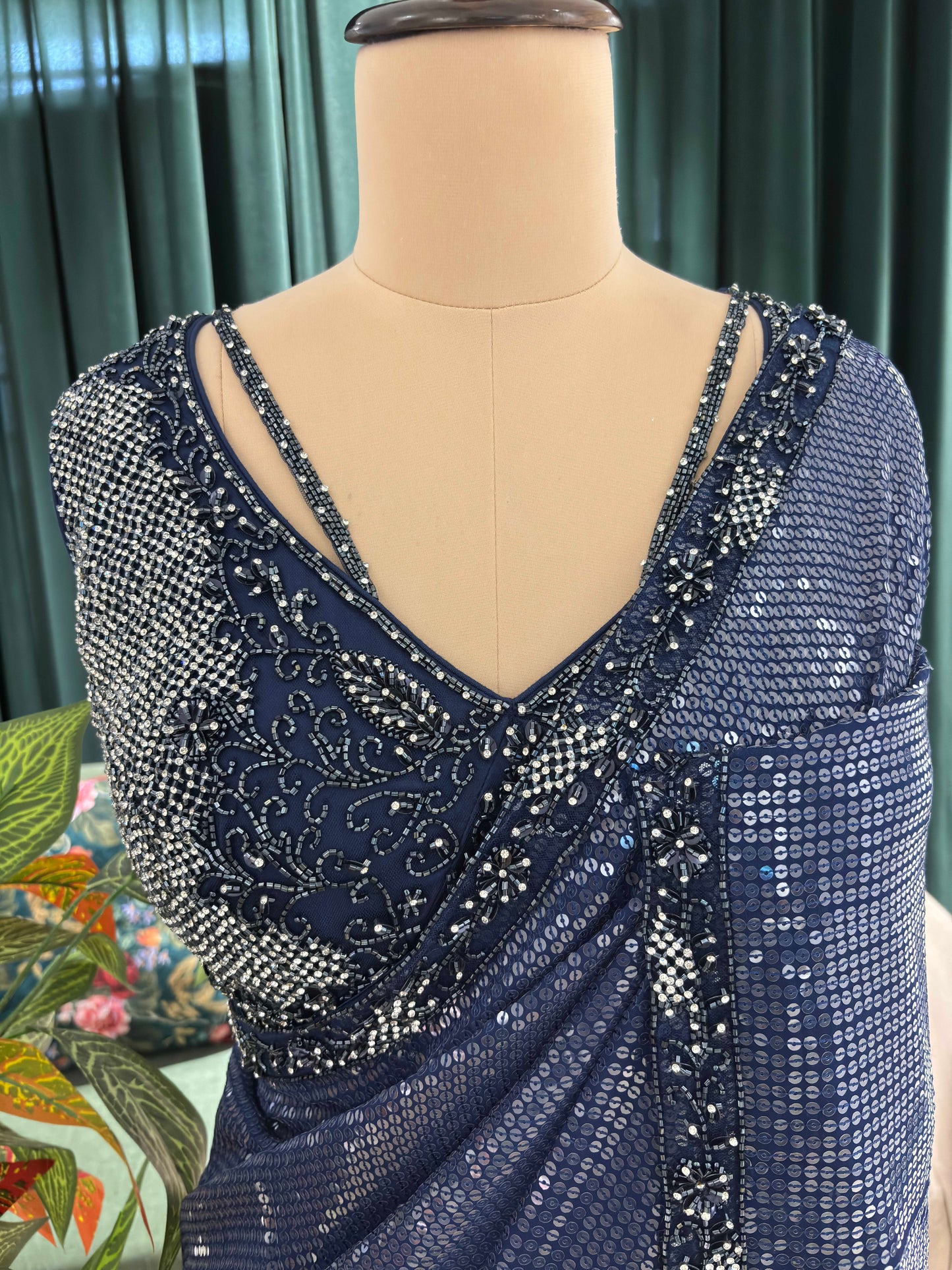 Navy Blue Sequin Saree with Shimmer Border and Blouse
