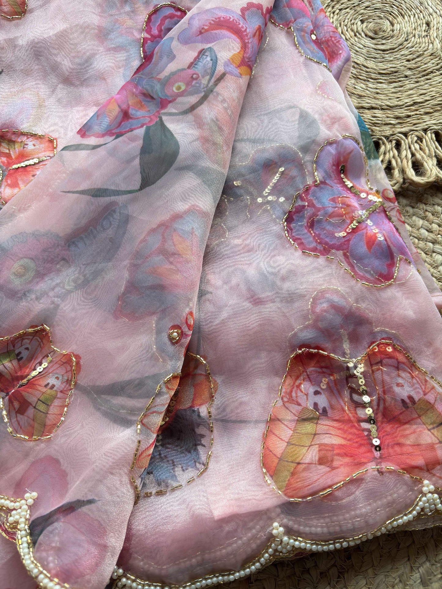 Blush Pink Floral Printed Organza Saree with Pearl Scallop Border