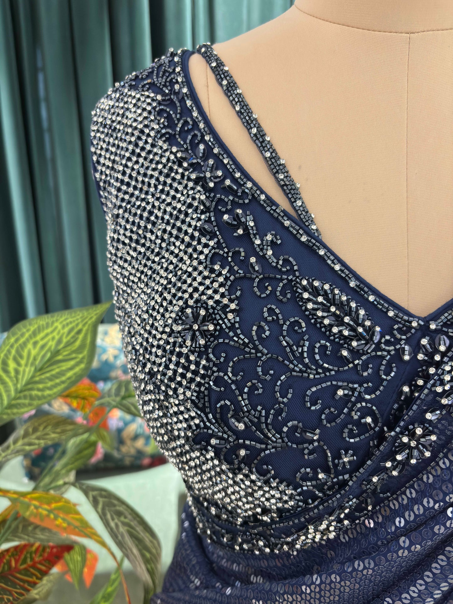 Navy Blue Sequin Saree with Shimmer Border and Blouse
