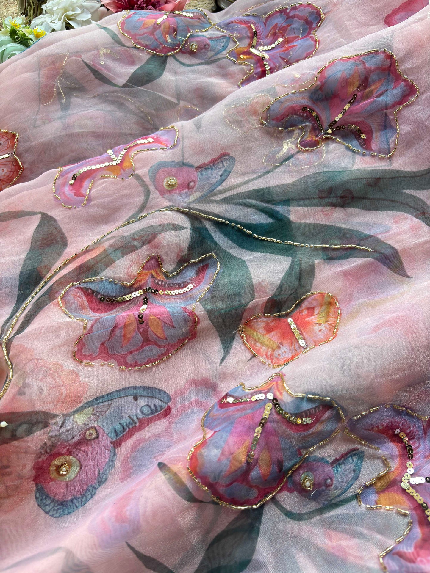 Blush Pink Floral Printed Organza Saree with Pearl Scallop Border