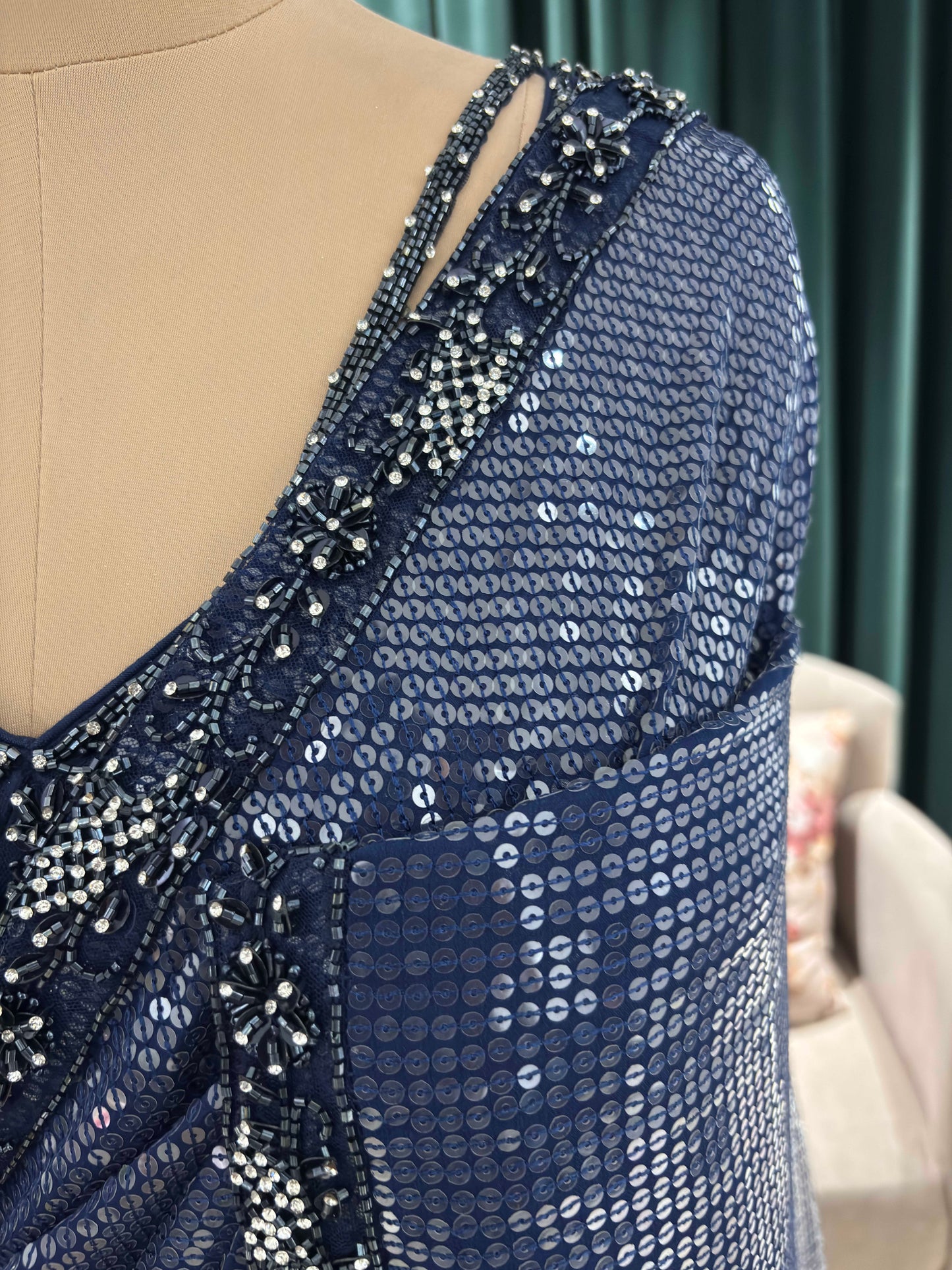 Navy Blue Sequin Saree with Shimmer Border and Blouse
