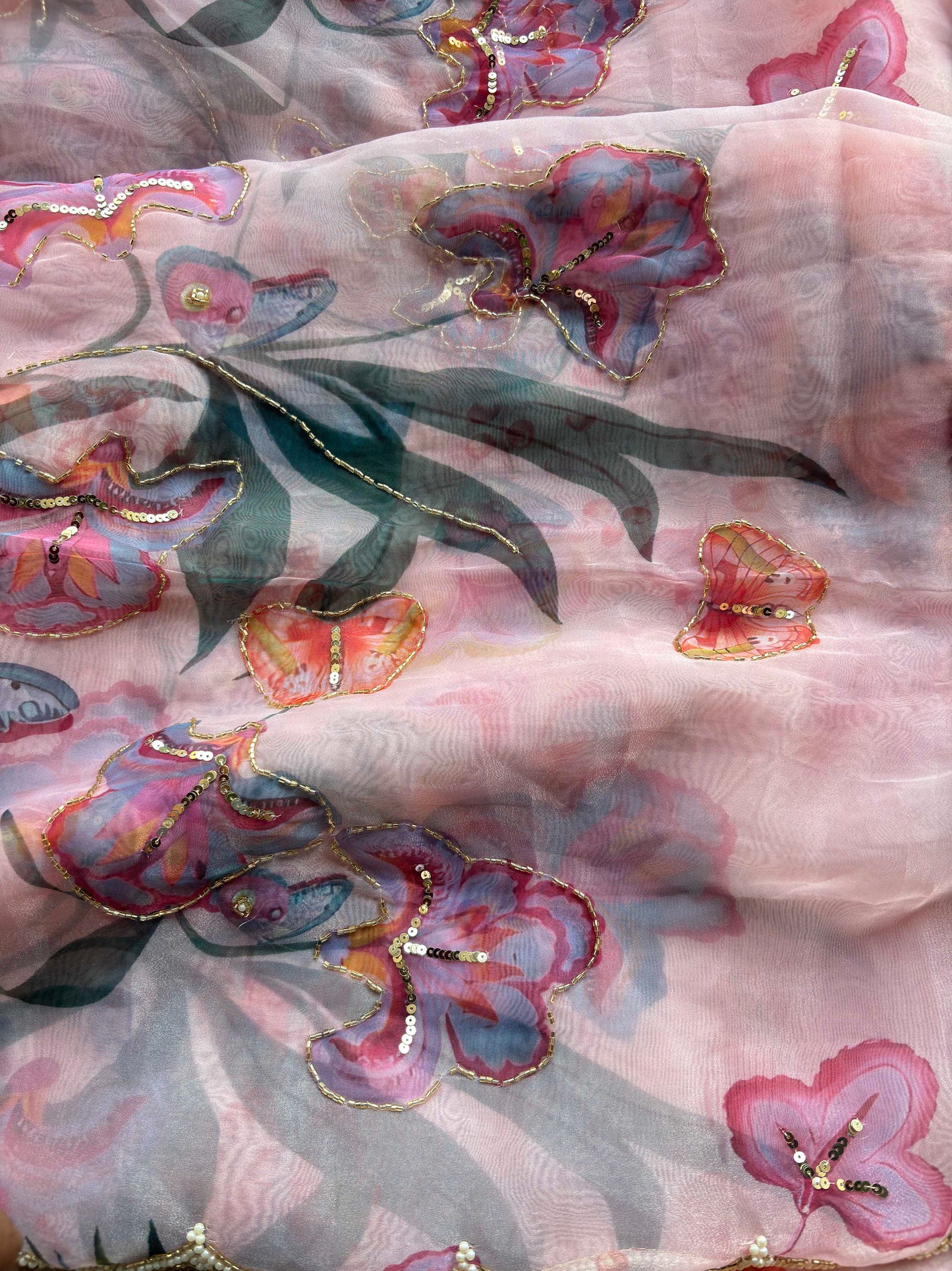 Blush Pink Floral Printed Organza Saree with Pearl Scallop Border