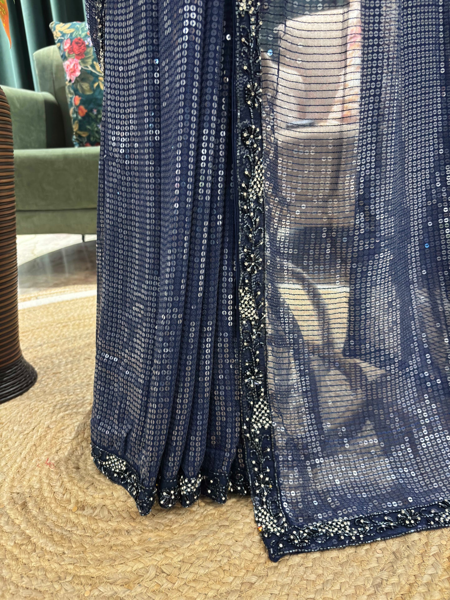 Navy Blue Sequin Saree with Shimmer Border and Blouse