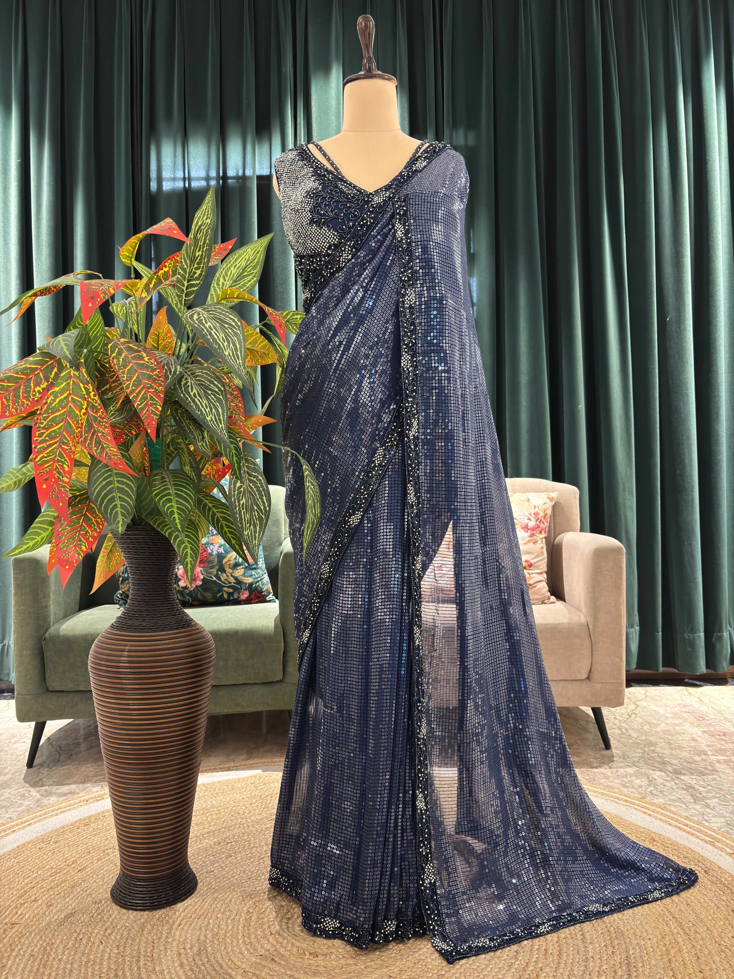 Navy Blue Sequin Saree with Shimmer Border and Blouse