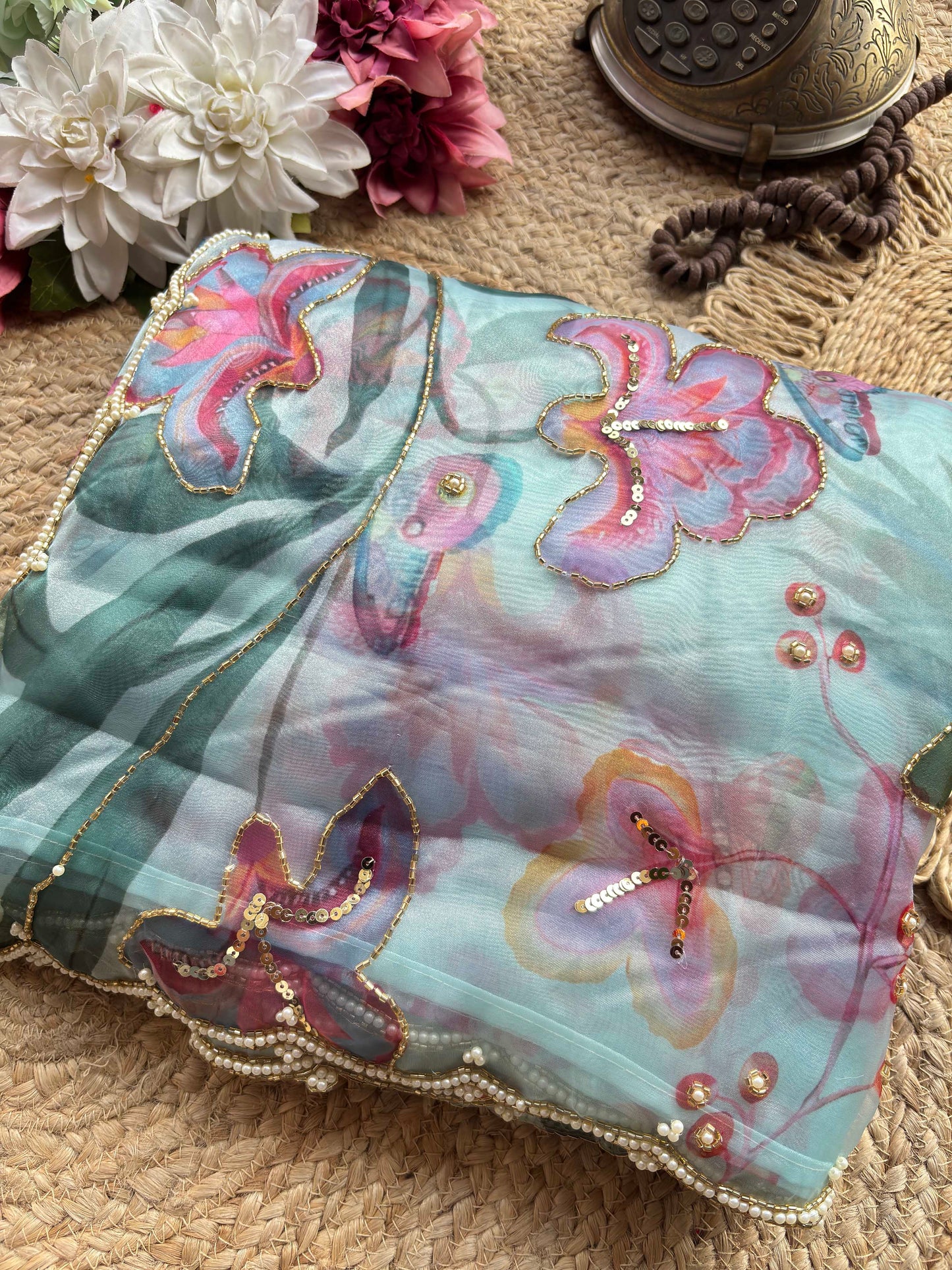 Aqua Blue Floral Printed Organza Saree with Pearl & Sequin Border