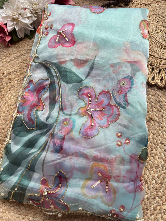 Aqua Blue Floral Printed Organza Saree with Pearl & Sequin Border