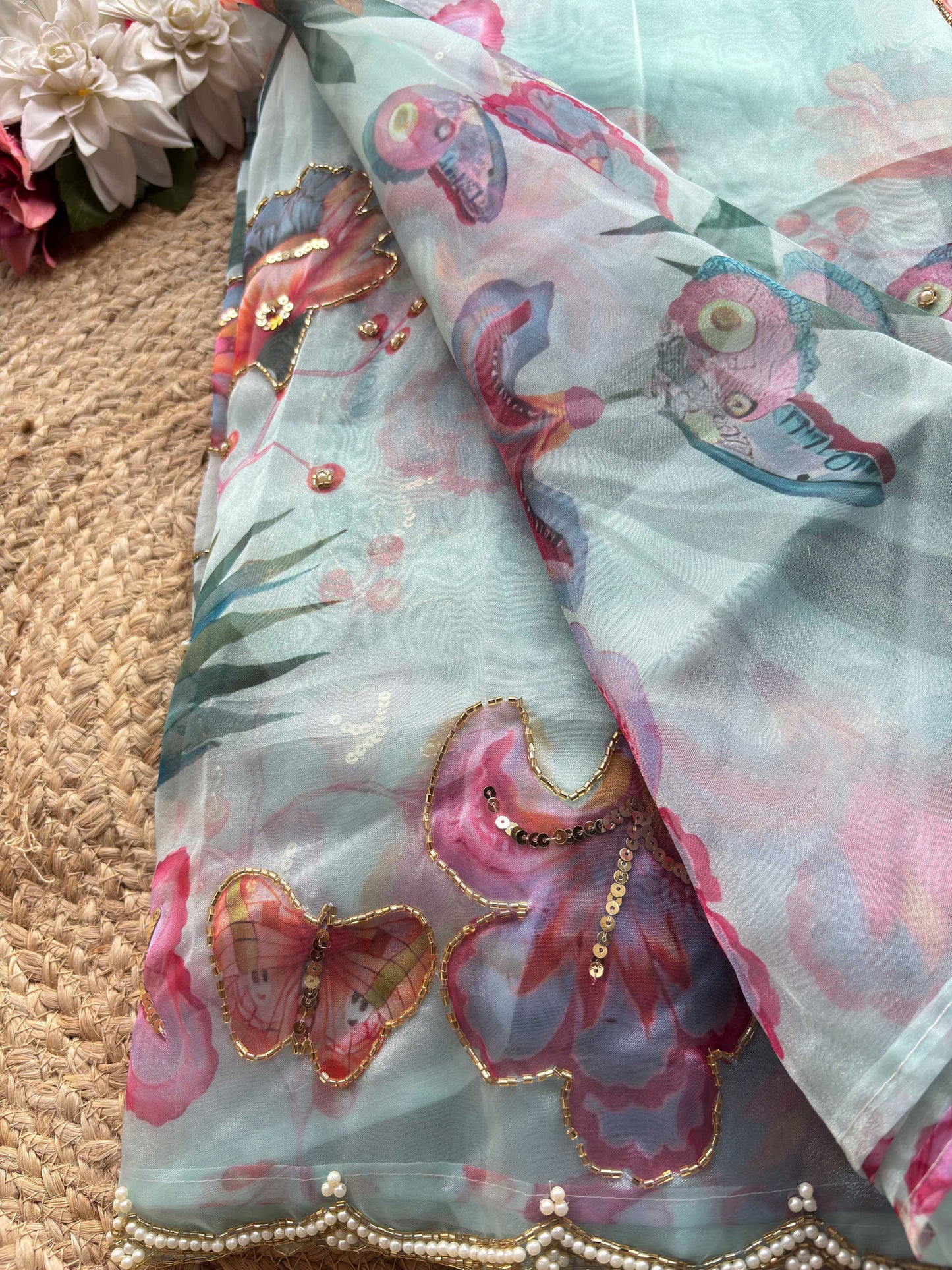 Aqua Blue Floral Printed Organza Saree with Pearl & Sequin Border